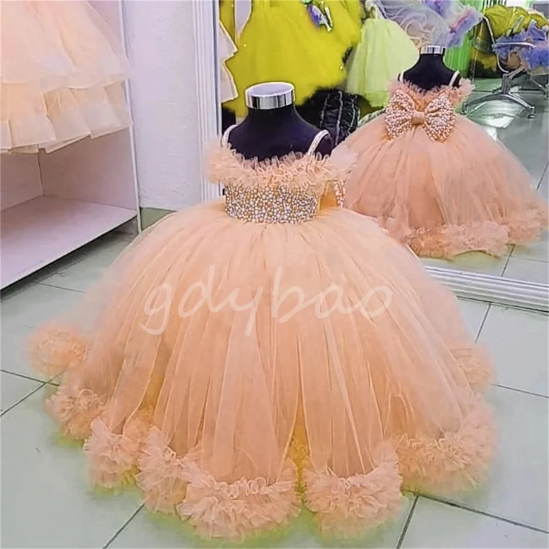 Kleinkind Blumenmädchenkleider Tüll Perlen Schleife Kind Hochzeit Party Geburtstag Lange Robe Erstkommunion Kleid für Babys