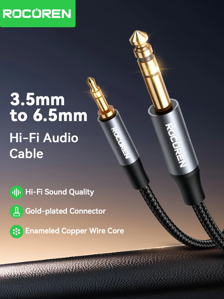 Rocoren 3.5mm To 6.5mm Audio Jack Cable For Computer Laptop Headsets Sound Card Cellphone DVD Amplifier Male To Male Audio Cable