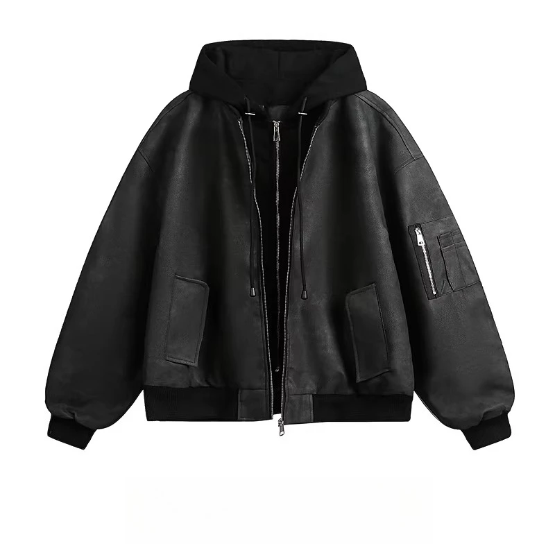 Spring Autumn American High Street Biker Style Cool Stylish Men's Brown Black Faux Two-piece PU Leather Flight Hooded Jacket