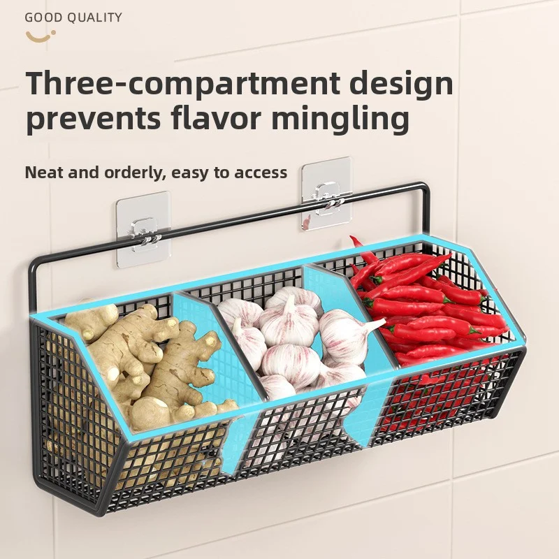AOBT Estante de almacenamiento de ajo y jengibre de cebolla verde montado en la pared, organizador de cesta multifuncional de cocina sin perforaciones para especias y hierbas