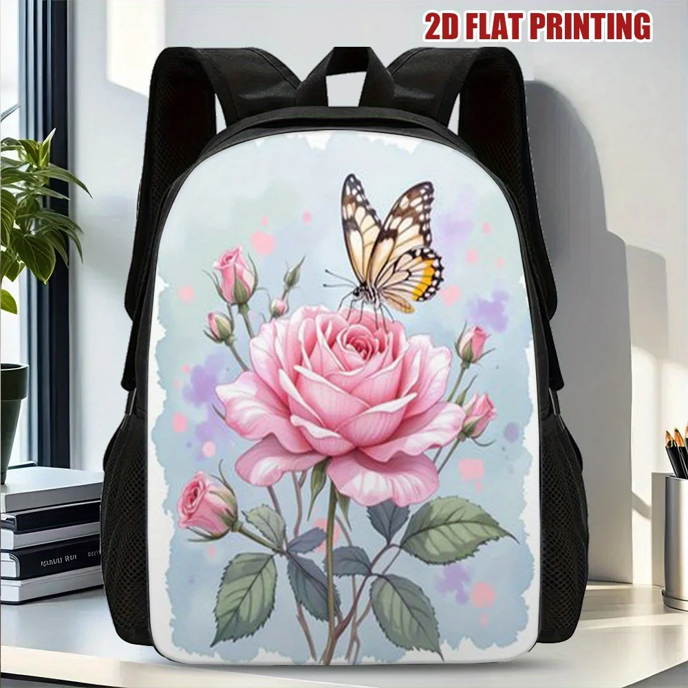 

1 Piece Flower Butterfly 2D Flat Print Travel Backpack - Large Capacity, Lightweight, Adjustable Shoulder Strap, Washable