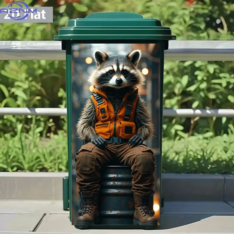 2D Flat Printing 1pc Trash Can Sticker, Raccoon in Workwear Sitting Pose Themed Design, Self-Adhesive Wall Decal Wallpaper for