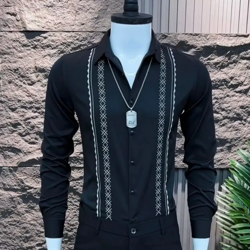 Men's clothing spring and autumn high quality embroidery flower shirt handsome trend y2k slim shirt