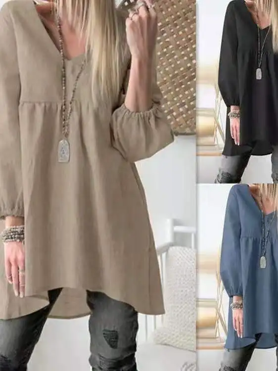 

Loose V-ne Casual irt Dr Women's Pure Color Long Sve Mid-length Polyester Fiber Thin Summer Faion Ladies' Clothing