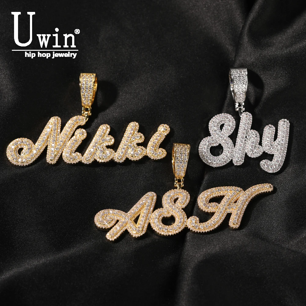 

Uwin Custom Name Necklace Brush Cursive Letter With Small Baguette Chain Iecd Out Full Iced Out Zircon Pendant Gift HipHop