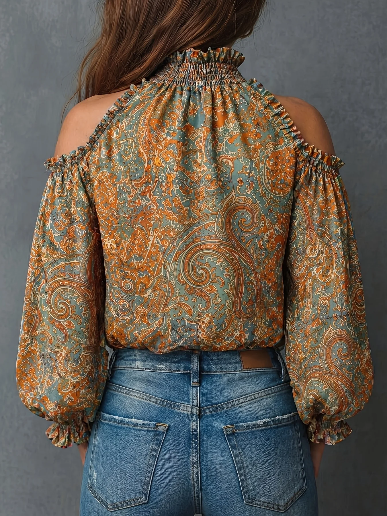 Boho Paisley-Print Chiffon-Top Damen Sexy Off-Shoulder Bluse mit Trompetenärmeln Retro 70er Fairycore Hemden – Detail 31