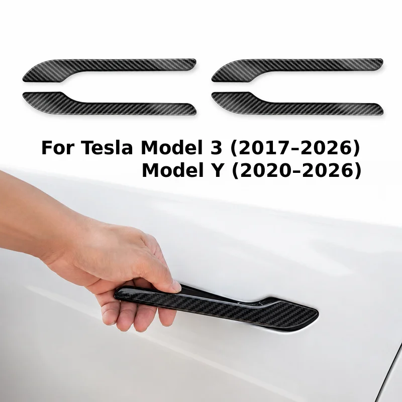 4 Stück schwarze Kohlefaser-Türgriffabdeckungen für Tesla Model 3 Model Y ABS-Aufkleberfolie kratzfestes Schutzzubehör