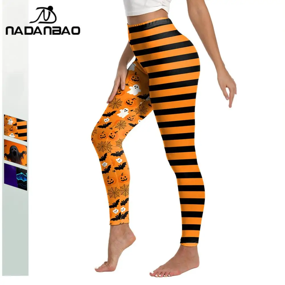 Nadanbao Halloween Ghost Bat Print Leggings Fashion Women's Striped Yoga Pants Mid Waist Elastic Trousers Sports Fitness Bottoms