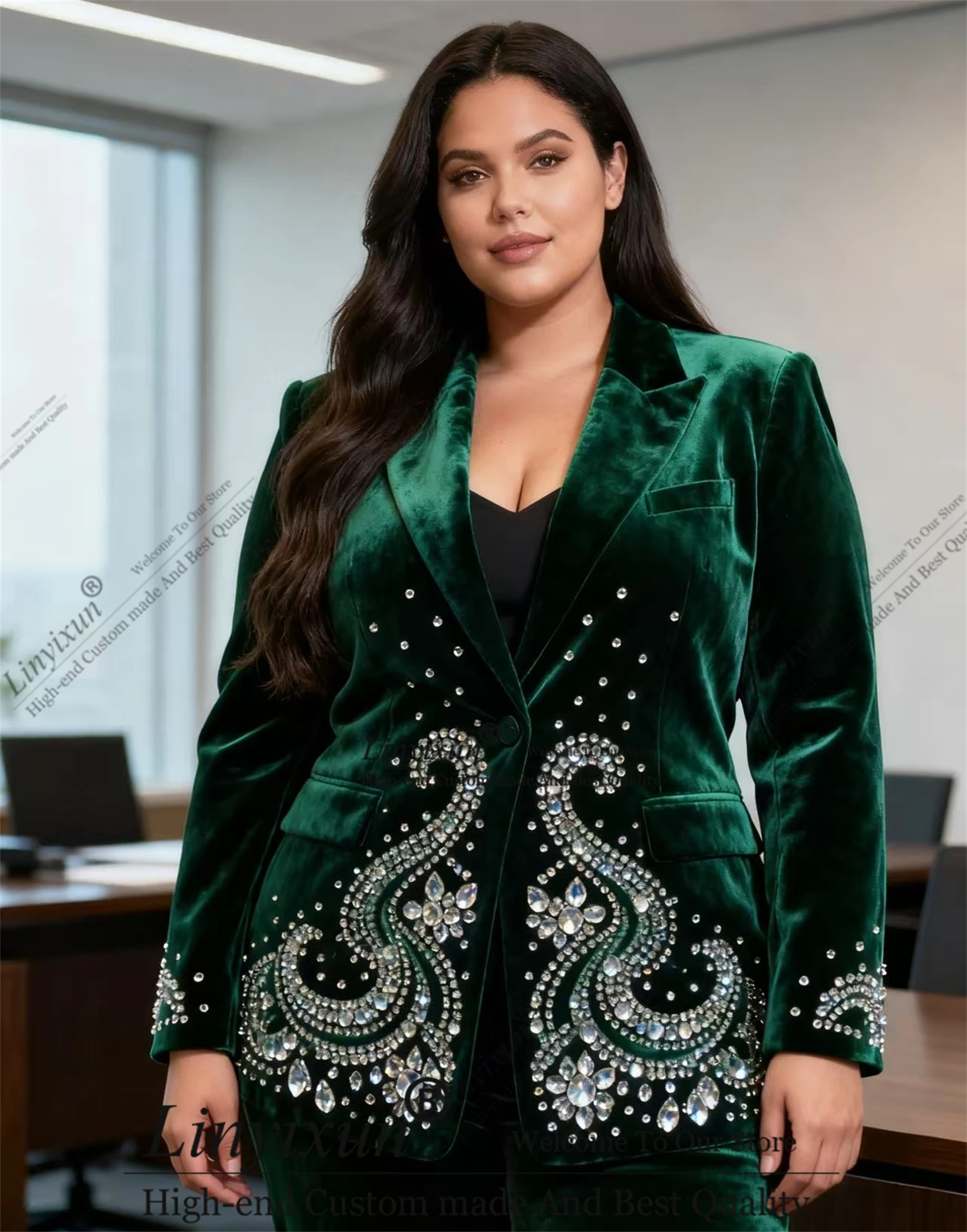 Elegant velvet Ornament Rhinestones Customized Women's Suit 2 Pieces пиджак женски Slim Womens Clothing Pan