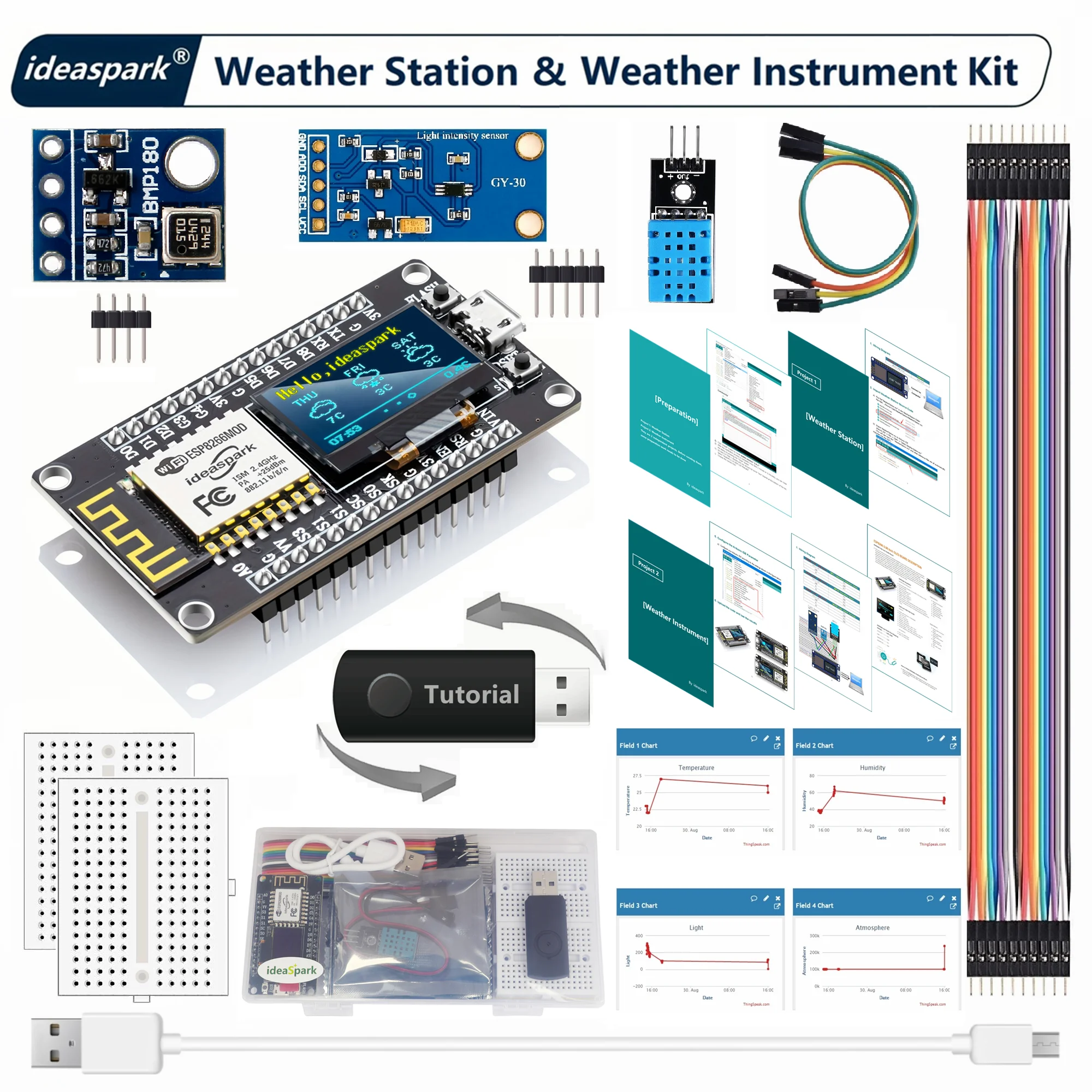 Esp8266気象ステーション、気象機器キット、DHT-11 BMP-180 bh1750センサーnodcu、arduino iot用0.96 \