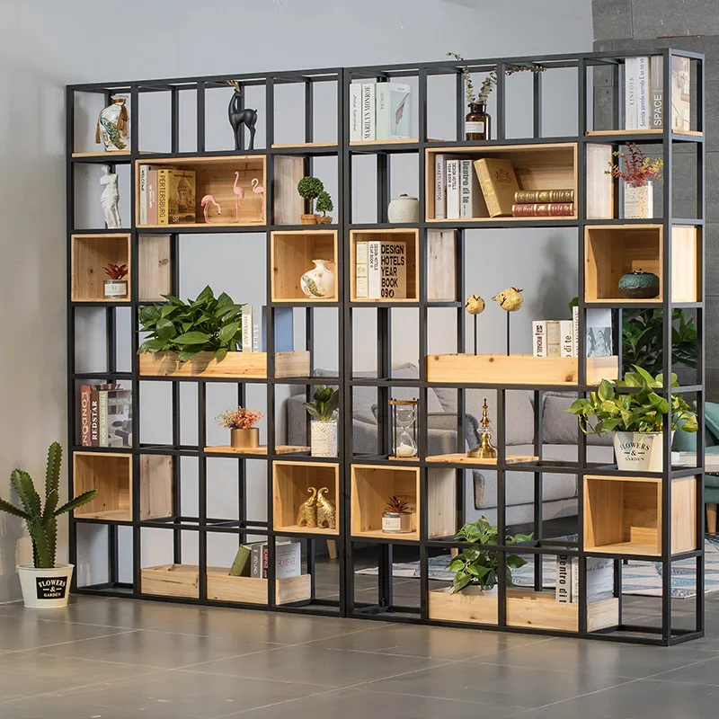 Amerikanisches Schmiedeeisen Retro Trennwandregal Wohnzimmer Bücherregal Massivholz Display Loft Rack Dekoration einfaches Zuhause