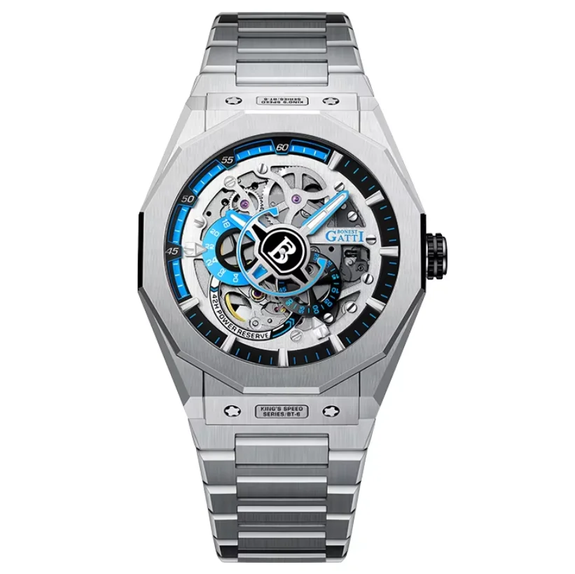 

BONEST GATTI Мужские автоматические часы 42 мм Механические наручные часы Скелетон Циферблат 50 м Водонепроницаемые сапфировое зеркало Светящиеся Relogio