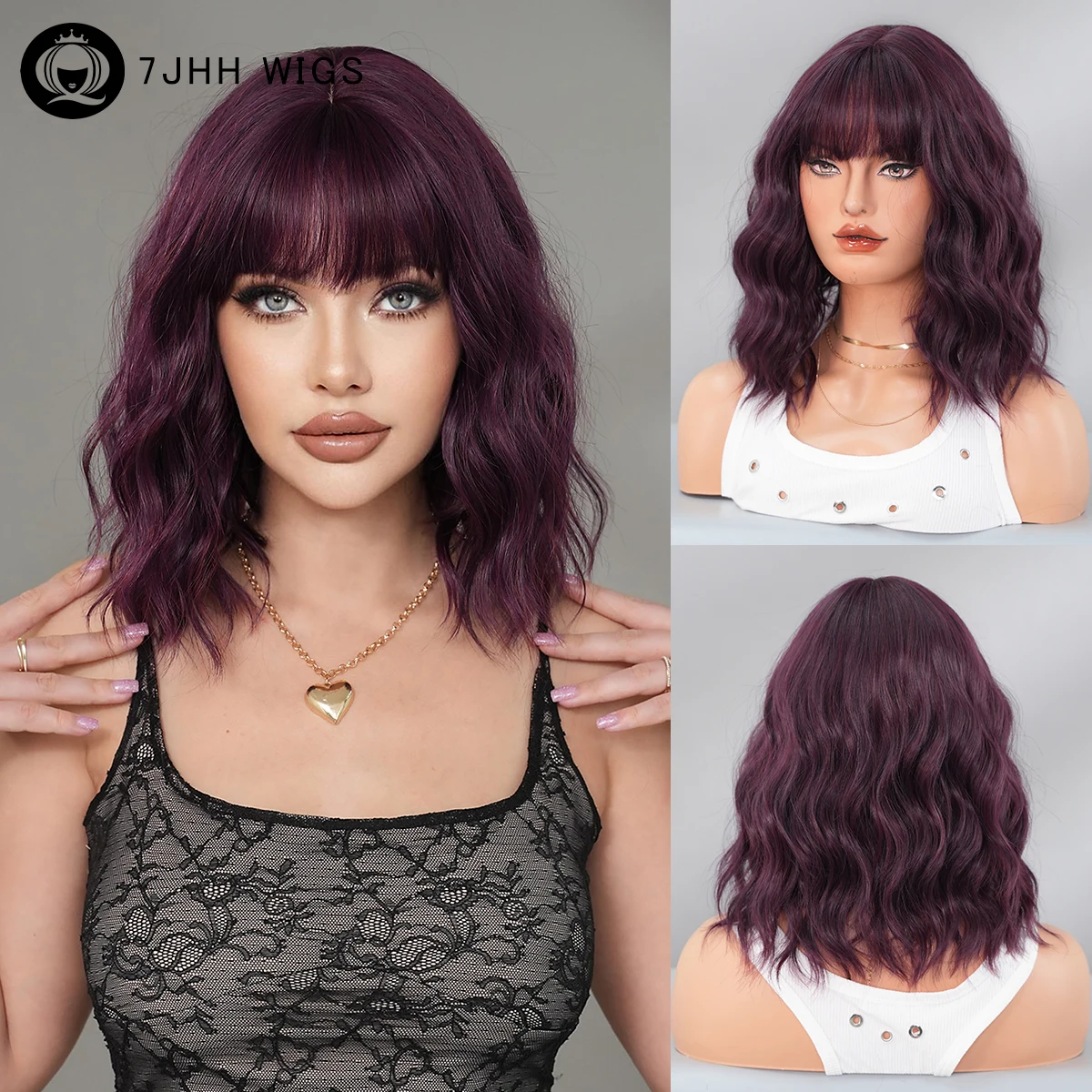 

Пурпурный парик длиной до плеч с объемной волной для женщин, повседневные вечерние синтетические волнистые парики высокой плотности с аккуратными мешками, термостойкие