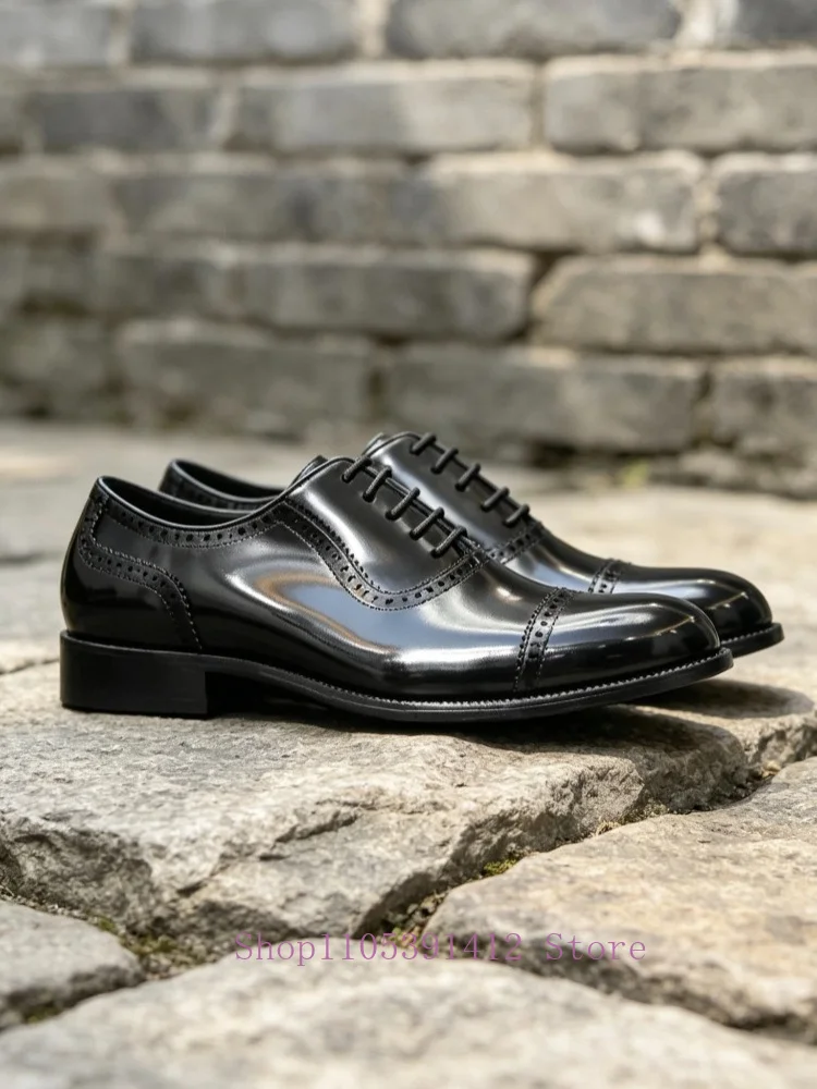 British Luxury Men Brogue Oxford Shoes Lace Up Round Toe Genuine Leather Formal Business Wedding Dress Shoes