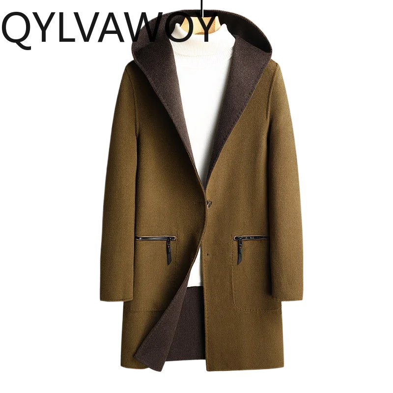 

QYLVAWOY 70% Wool Coat Thicken Jackets Hooded Double-sided Wool Coat for Men Clothing Mid-length Autumn Winter Coat Men Пальто