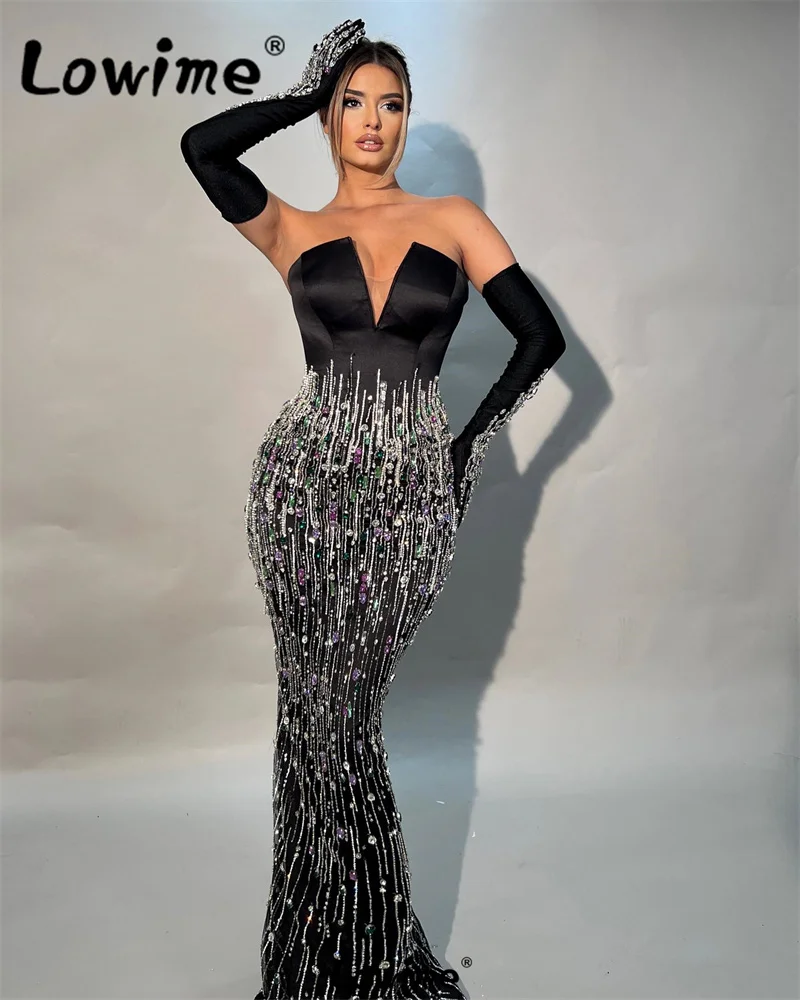 Sparkly Luxury Black Mermaid Evening Dresses Crystals Stones Formal Gowns for Women Weddings Party Celebrity Dress With Gloves