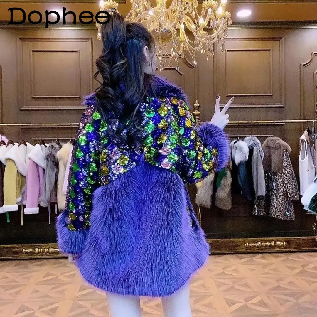 Heavy Color Sequined Rhinestone Purple Fur Coat Women Toka Wool Fur Jacket Loose Casual Fur Collar Thick Warm Overcoat Winter