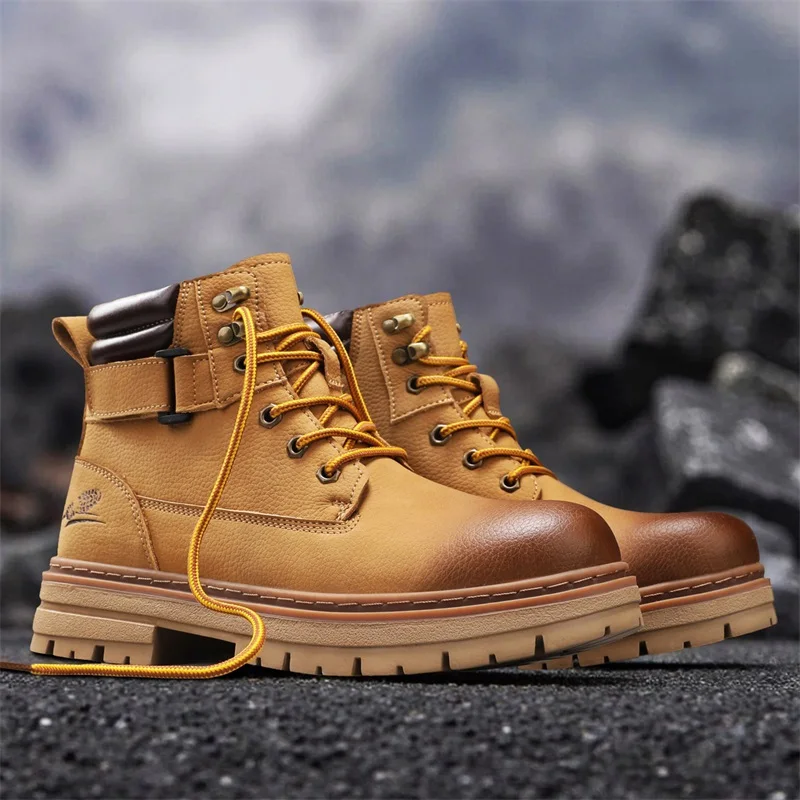 

2025 New Men's Big Yellow Boots Durable Anti - Skid Sole High - Top Chunky Sole Winter Fleece Lined British Work Boots Motorcycl