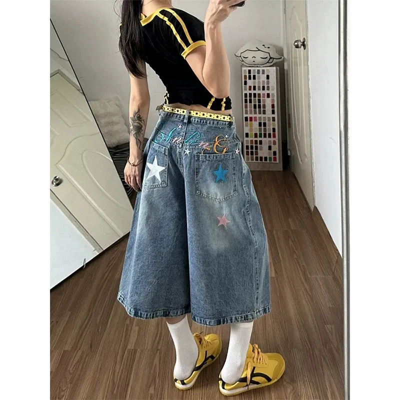 Women American Loose Washed Embroidered Denim Bermuda Shorts 2026 New High Rise Straight Wide Leg Seven-point Jeans Pants