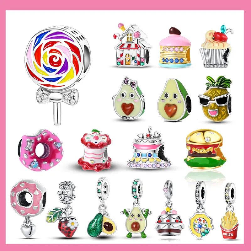 لذيذ الغذاء 925 فضة دونات كعكة الحلوى الفاكهة غرامة النبيذ قلادة بها خرزات صالح سوار قلادة بوتيك مجوهرات هدية