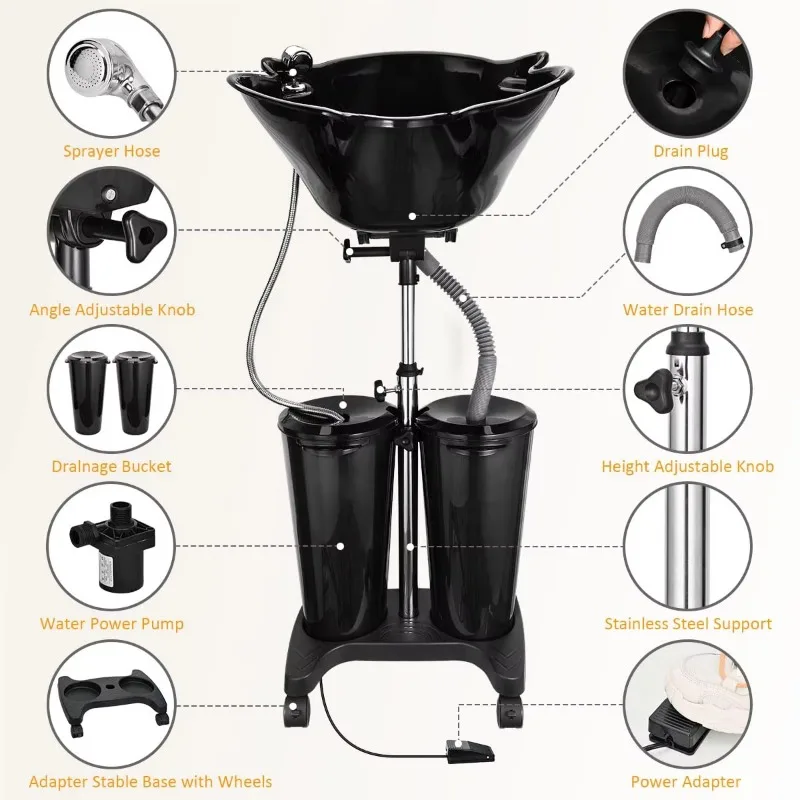 

Salon Headspa Furniture Black Adjustable Beauty Salon Sink Shampoo Bowl Home Base Salon Hair Washing Basin with Water tank