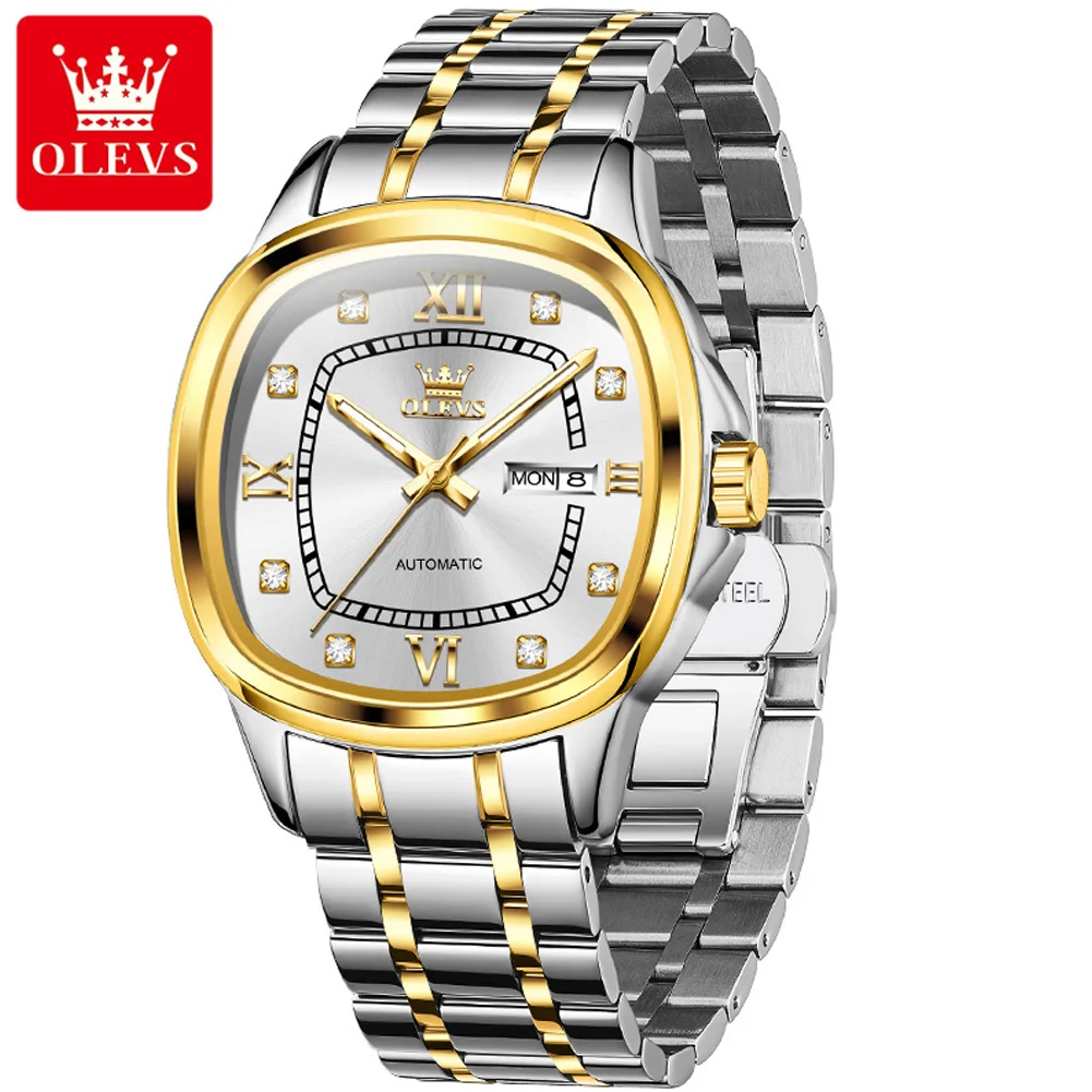 OLEVS 9810 ساعات المعصم الميكانيكية الأوتوماتيكية للرجال مربع الهاتفي التقويم مقاوم للماء الماس الهاتفي الفاخرة العلامة التجارية الأصلية رجل ساعة