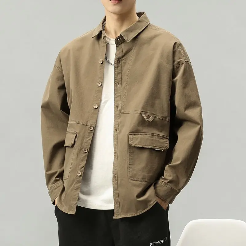 

Harajuku Style Long-sleeved Shirt Men's Multi-pocket Work Suit Military Green Long-sleeved Jacket