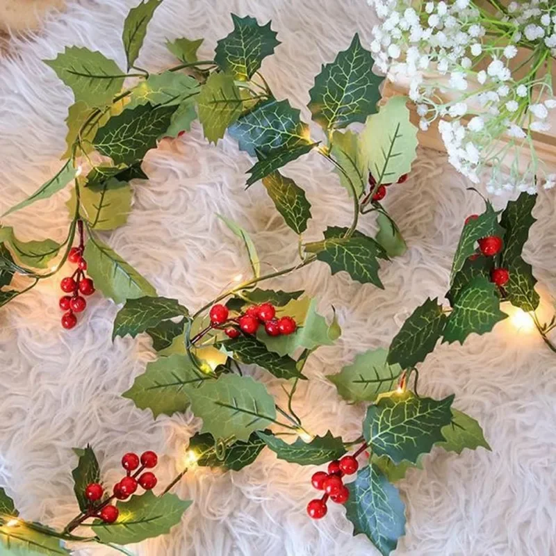 Artificial Holly Leaves Vine Garland with Light Strings Red Berries Wreath Hanging Ornament for DIY Xmas Tree Home Party Decors