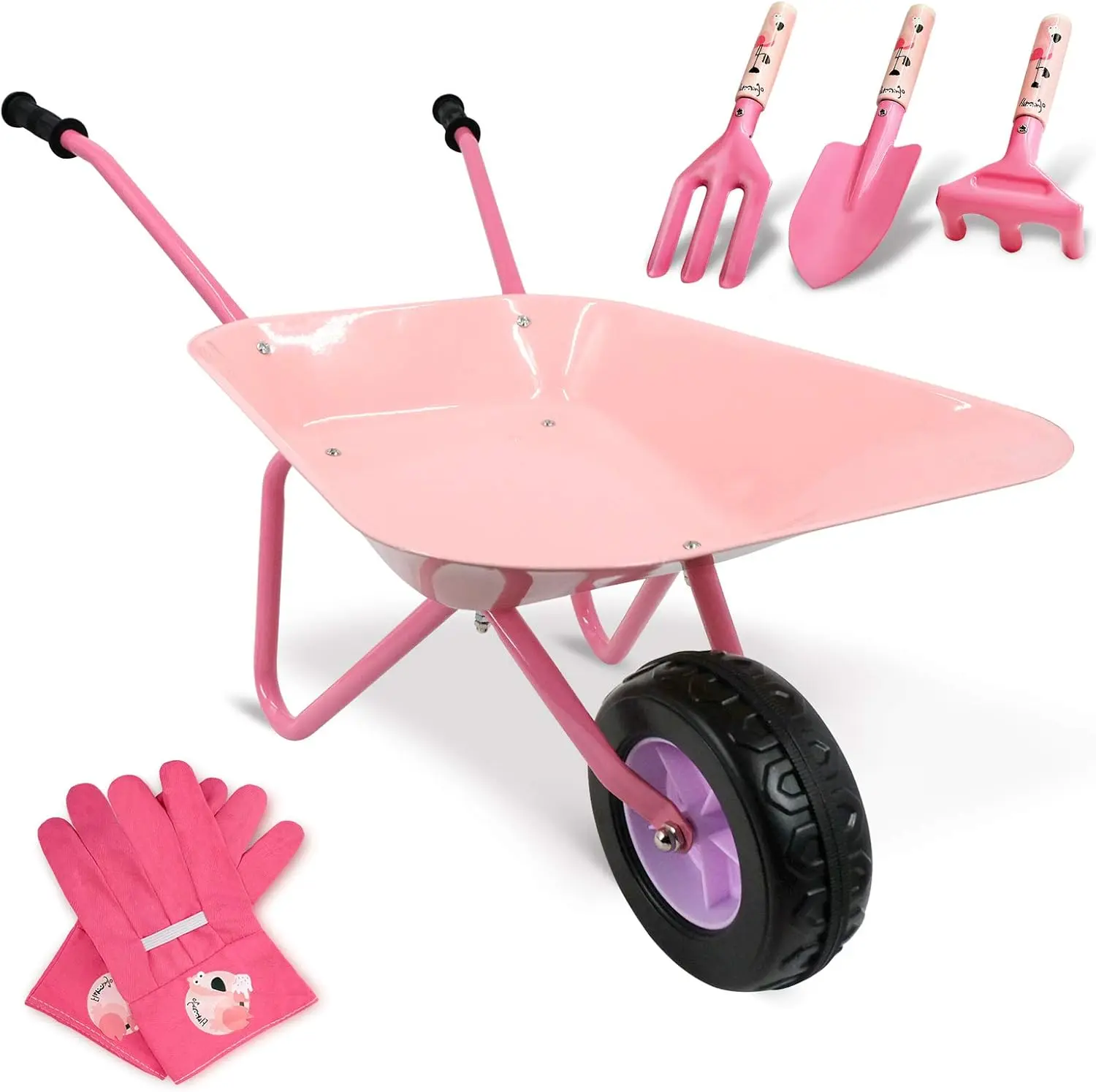 

Kids Wheelbarrow Set with Metal Pink Child Barrel and Gardening Tools for Toddler Outdoor Indoor Toys Gift