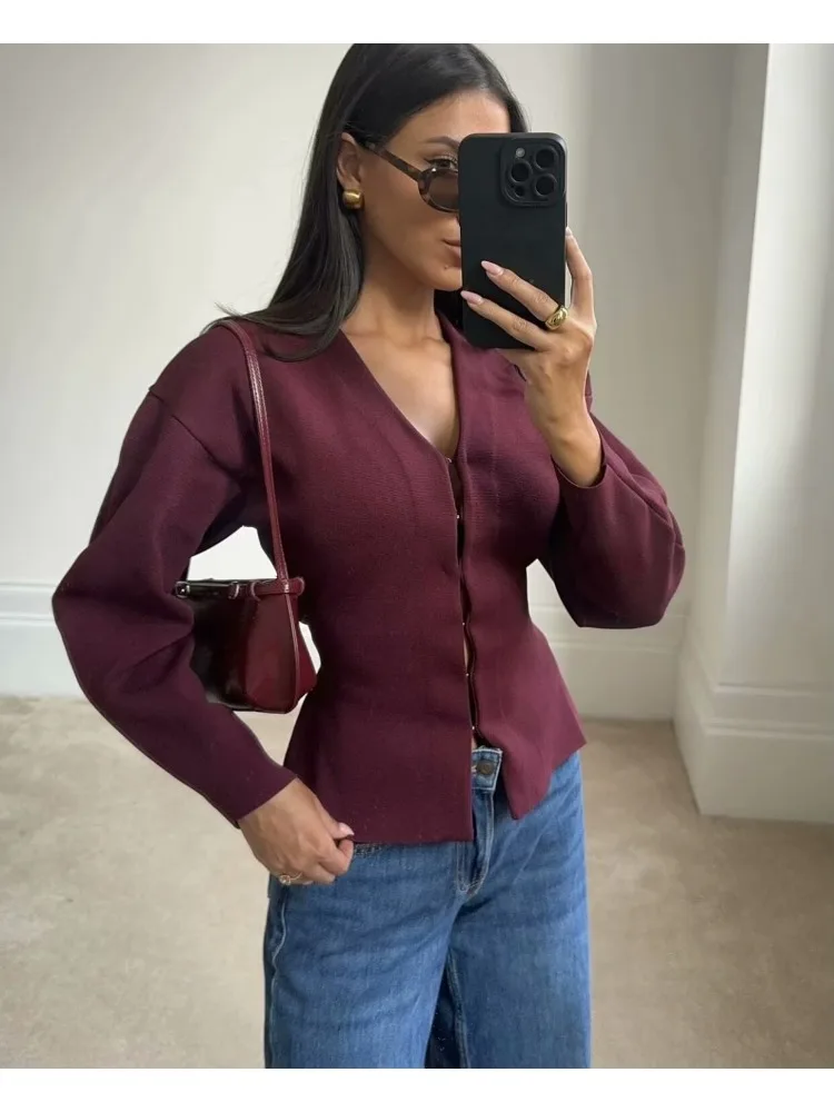 Women Vintage Chic V-Neck Long Sleeve Claret Knit Suit Female Casual Solid Loose Cardigans Sheath Skirt Fashion 2024 Autumn Suit