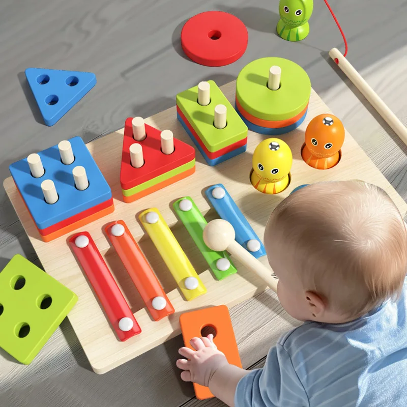 Three in One Set Paired Columns Childrens Early Education Piano Playing Fishing Enlightenment Educational Wooden Montessori Toys