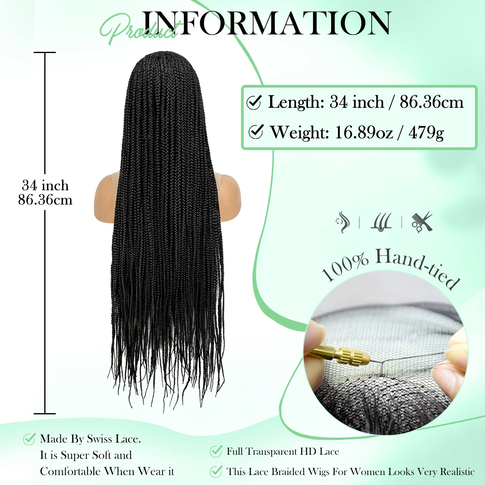 Cornrow Braided Wigs Full Lace Wigs With Baby Hair Synthetic Braiding Wigs 34inches Transparent Bohemian Braids Wigs For  Women