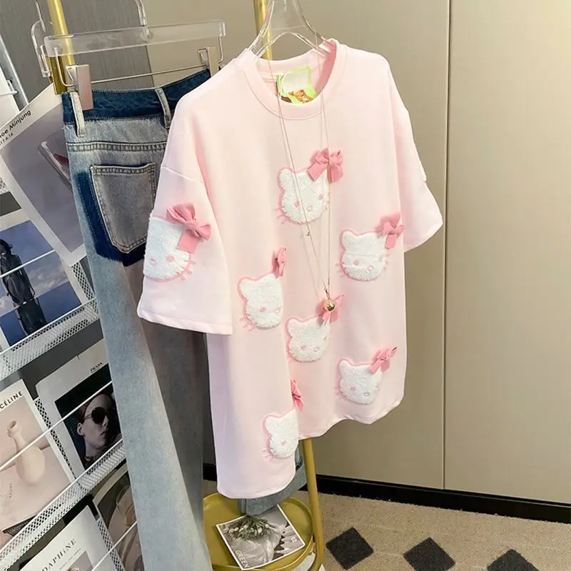

Sanrio Hello Kitty Women'S Short-Sleeved T-Shirt Pure Cotton Tees Y2k Korean Sweet Girl Three-Dimensional Cartoon Tops