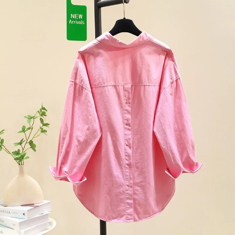 Women's 2026 Summer Pure Cotton Korean Oversized Back Slit Design Button-Down Shirt Blouse Lightweight Casual Streetwear Chic