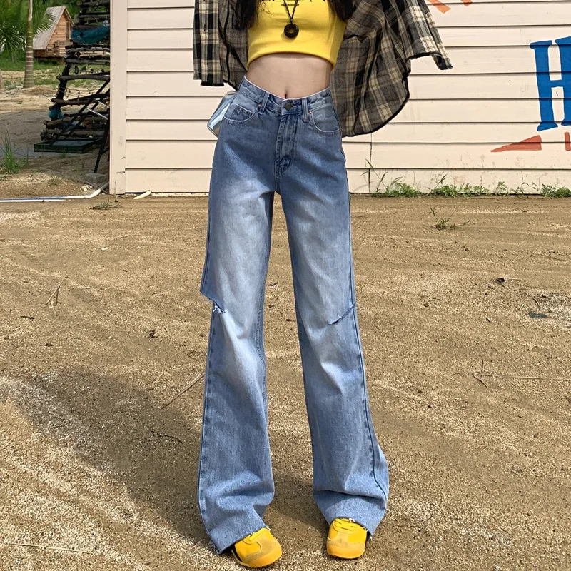 

Denim Straight Hollow Out High Waist Streetwear Jeans Vintage Slight Blue Jeans Long Pants Y2k Work Summer Blue Jeans Capris