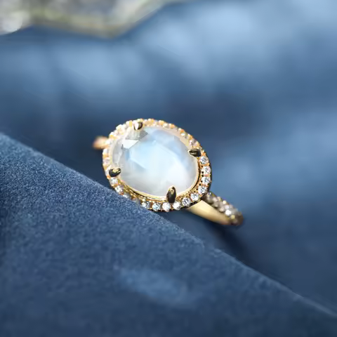 925 Sterling Silver Oval Moonstone Wedding Halo Ring Irregular Blue Gemstone Engagement Jewelry for Women Half Eternity Band