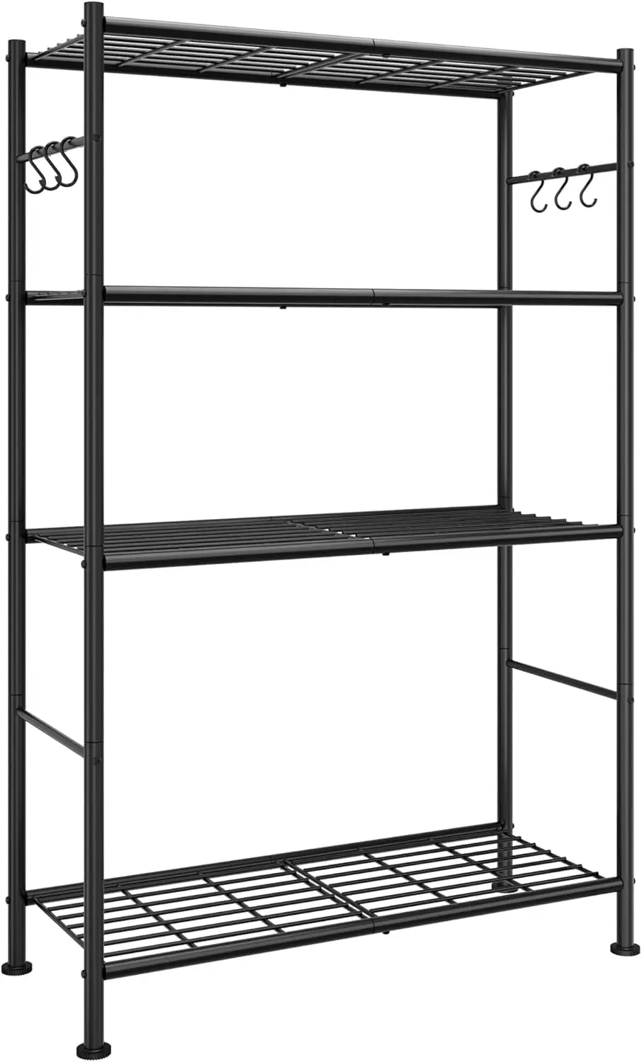 4-Tier Metal Storage Shelf with Hooks, Leveling Feet, Easy Assembly, Rust-Resistant for Garage Kitchen Bedroom