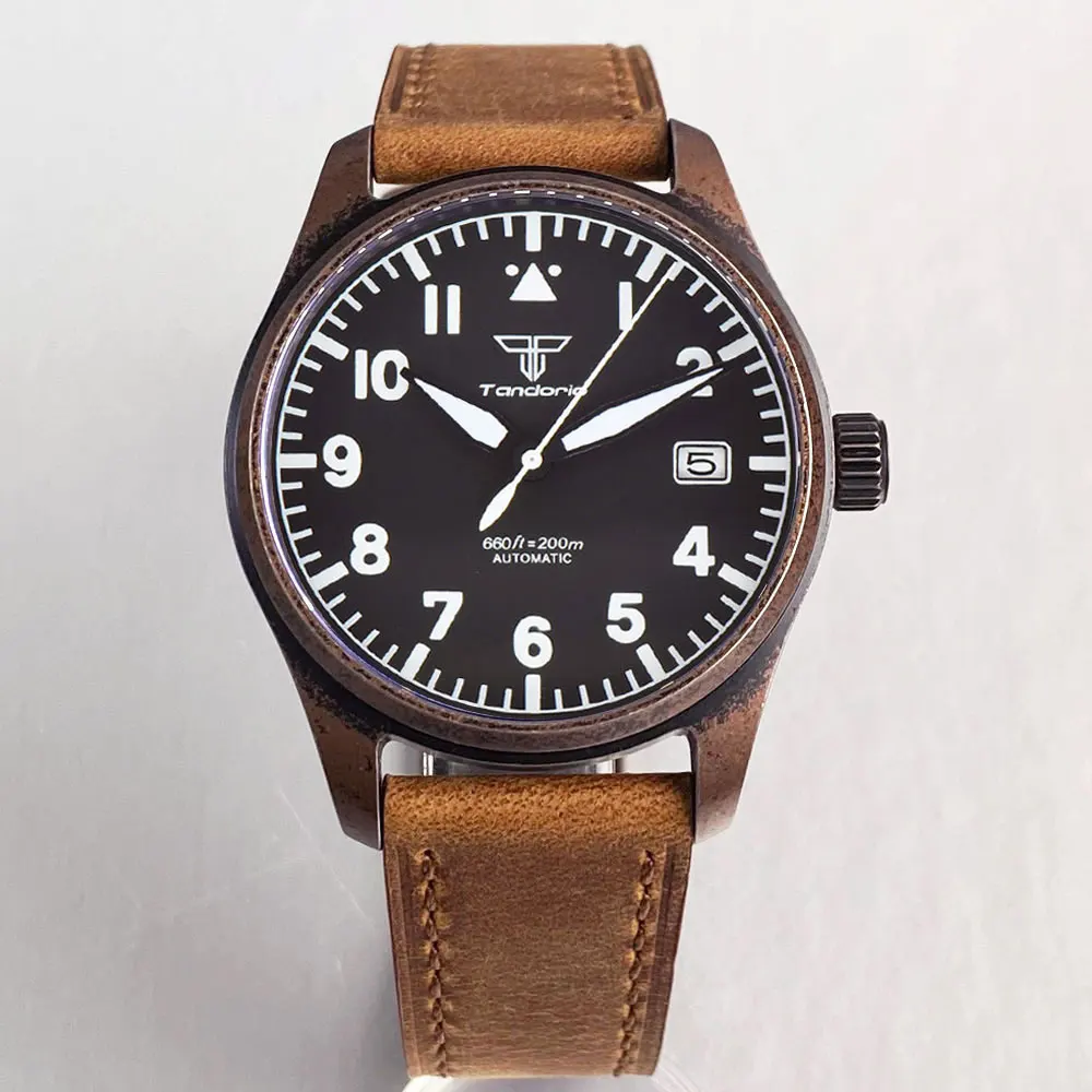 Tandorio 39mm Pilot Orologio meccanico automatico rivestito in bronzo stile vintage NH35A/PT5000 Movimento 200m Vetro zaffiro impermeabile