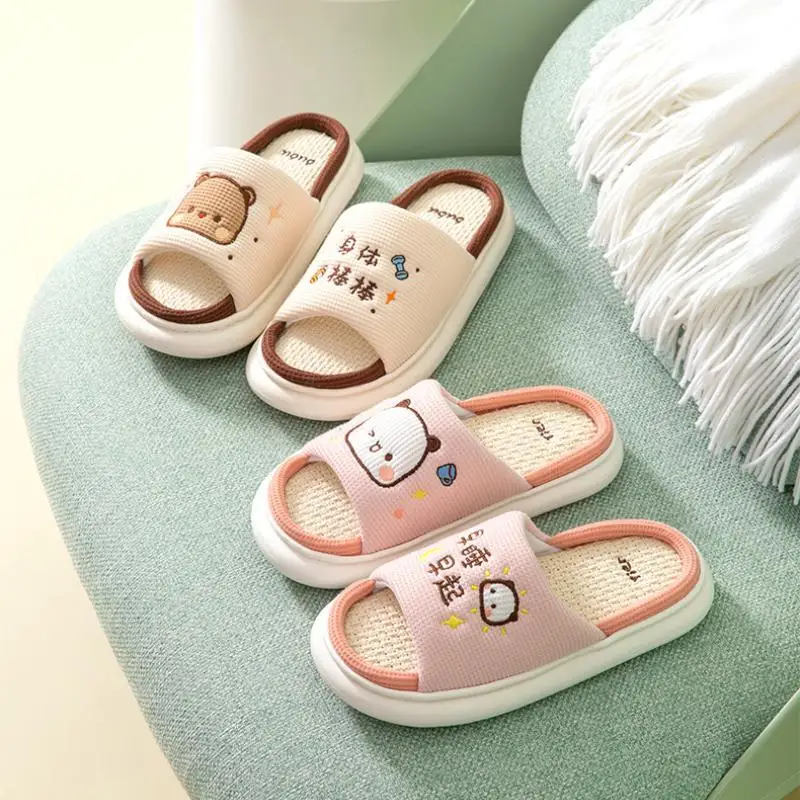 Lovely Bubu Dudu Panda Mitao Cat Women Slippers Leisure Home Slides Outdoor Non-Slip Thick Sole Couple Hemp Sandals Ladies Shoes