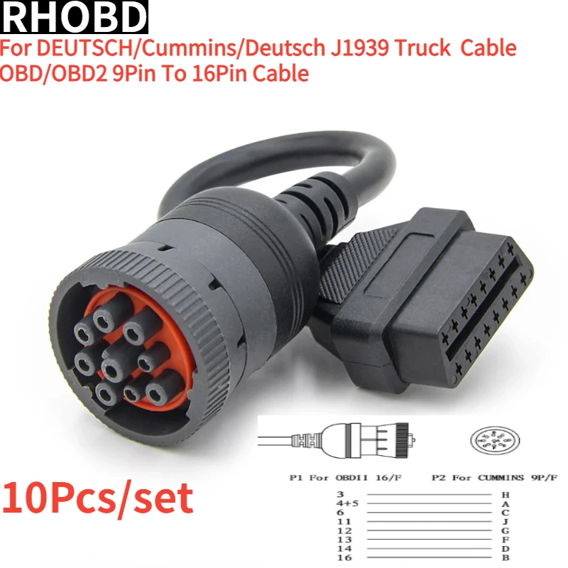 10Pcs/set 9Pin To 16Pin Truck Line Cable J1939 9 Pin OBD2 Male to Female Diagnosctic Tool Connector for DEUTSCH/Cummins/Deutsch