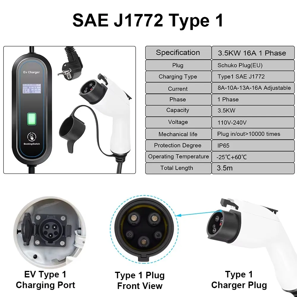 Teschev Type 1 Portable EV Charger 16A 1Phase 3.5KW J1772 Electric Car Charger EVSE Fast Charging Wallbox EV Charging Station