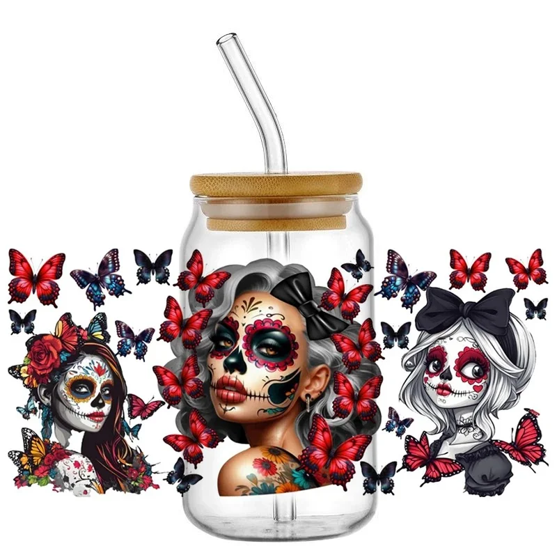 Dia de los Muertos Sugar Skull & Butterfly Art UV DTF Cup Wrap, Waterproof Cold Transfer Decals for 16oz Glass Can Tumbler DIY D