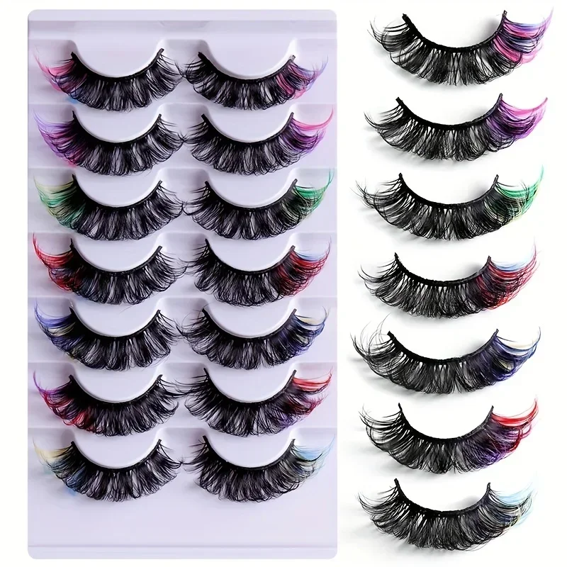 7 pairs of colored false eyelashes 3D mink DD curly fluffy eyelashes Russian curly natural thick fluffy eyelashes