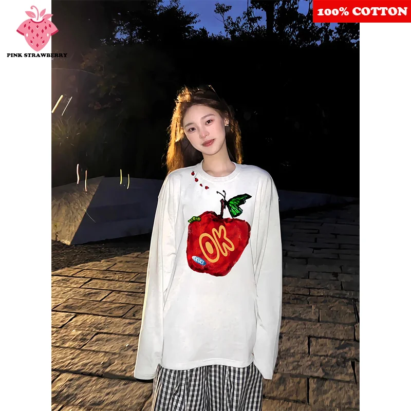 

Женская футболка с граффити в стиле американского яблока, новинка осени 2025, 100% хлопок, свободная футболка большого размера с длинными рукавами, топ Y2k, женская одежда