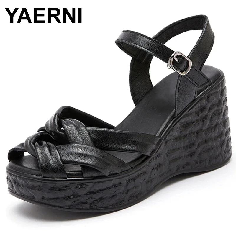 

New Gladiator Sandals For Women Summer Weave Genuine Leather Height Increasing Wedges Platform Casual roman Sandals