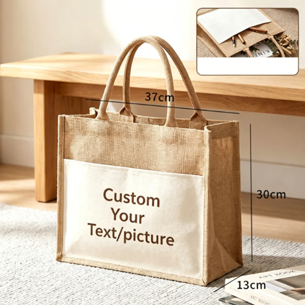 Practical Jute Tote Bag Custom Name Bride  Wedding Tote Bag Customizable Floral Printed Shoulder Handbag Bridesmaid Gift