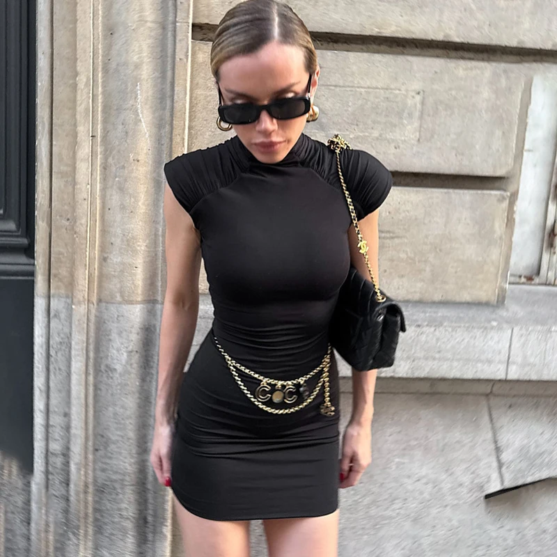 Ticketsx Turtleneck Sexy Mini Dress Women's Solid Shoulder Pad Sleeveless Ruched Zipper Dress Lady Fashion Club Party Tank Dress