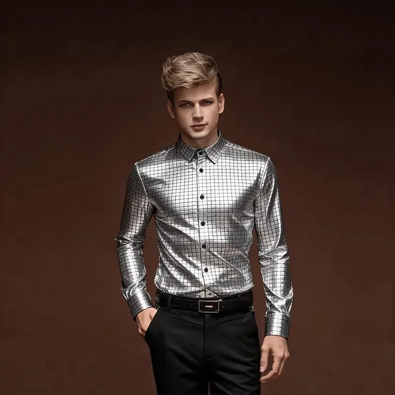 Men's Silver Grid Metallic Dress Shirt Shiny Plaid Button Down Party Wedding Shirt