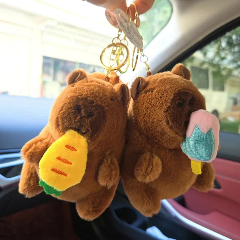 Cute Cartoon Capybara Pull String Ice Cream Strawberry Plush Pendant Keychain Car Key Ring Backpack Car Key Hanging Ornaments