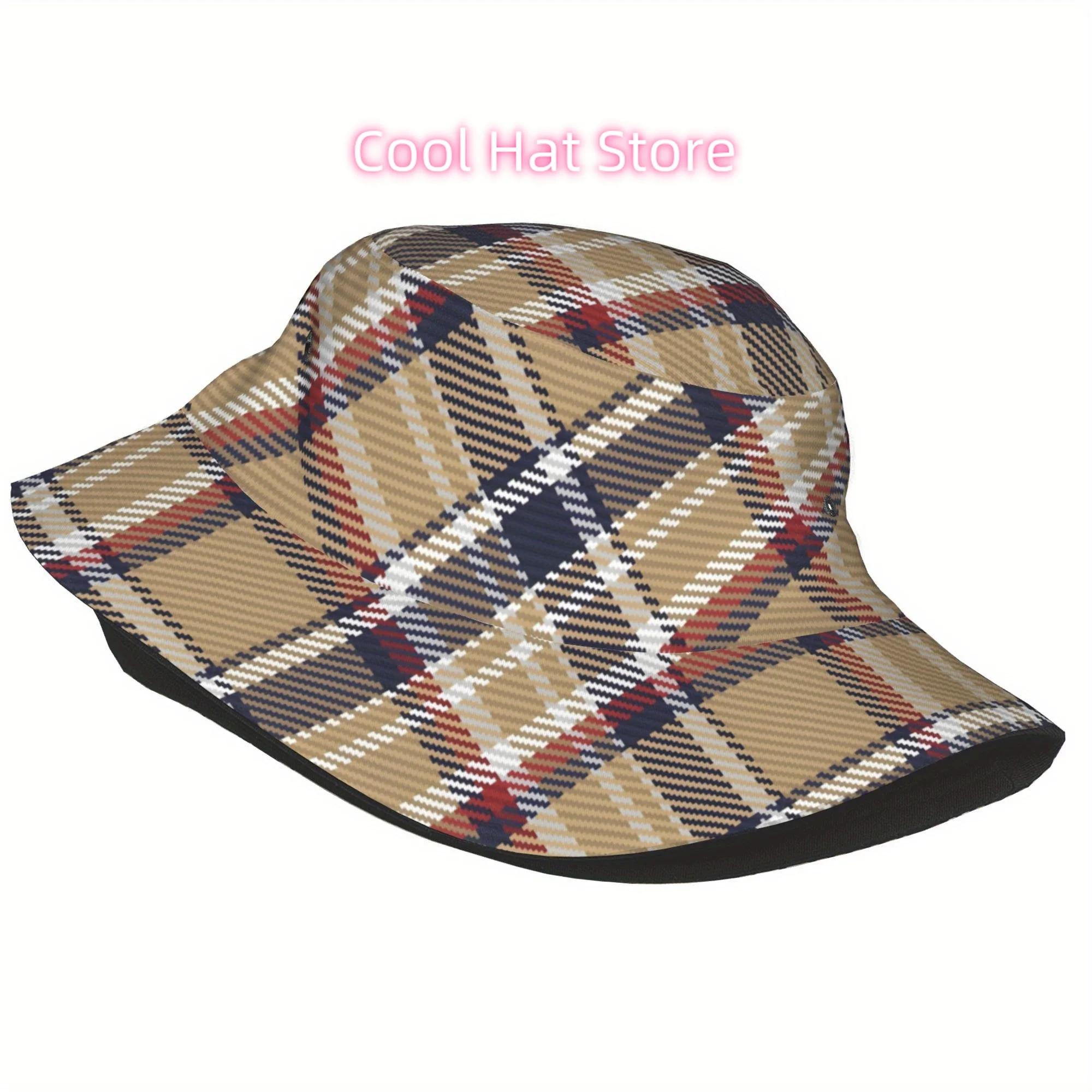 1pc Vintage Plaid Bucket Hat - Lightweight Sun Hat for Men & Women, Wide-Brimmed Beach, Fishing, Outdoor Parties - Beige/Blue/Re